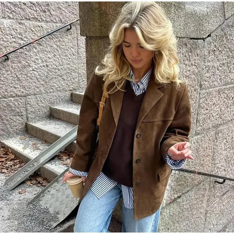Boyfriend Brown Coat For Women Spring Turndown Collar Long Sleeve Female Jacket 2025 Fashion Loose Single-breasted Lady Coats