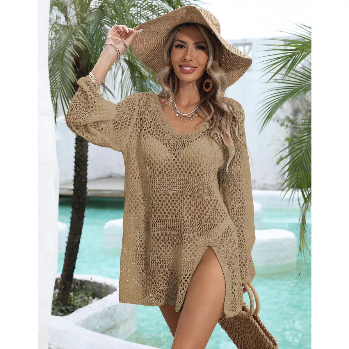 ITOOLIN Women Beach Style Bikini Knit Dress Hollow out Cover-up Blouse Summer Female V-Neck Slit Long Sleeve Vacation Dress