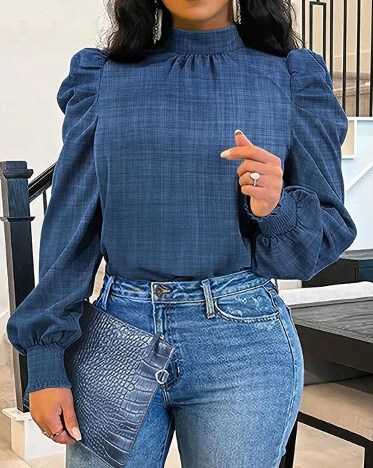 Elegant Blouse for Women Autumn/winter Mock Neck Shirred Puff Sleeve Top Loose Fit Shirt New In Office Lady Pullover Work Blouse