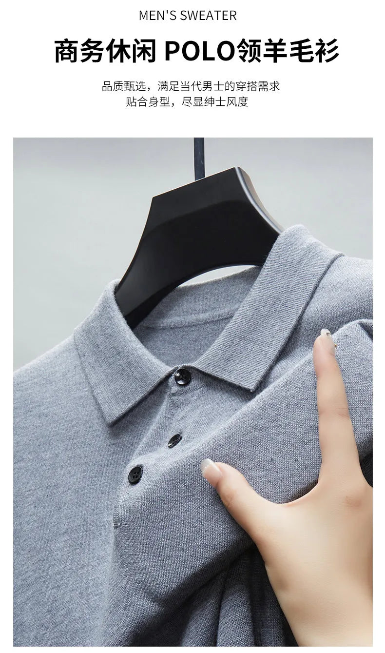 Men's Fine Wool Sweater Polo Collar Pullover Spring Autumn New Cashmere Knitwear Smart Casual Loose Men's Shirts Warm Soft Tops