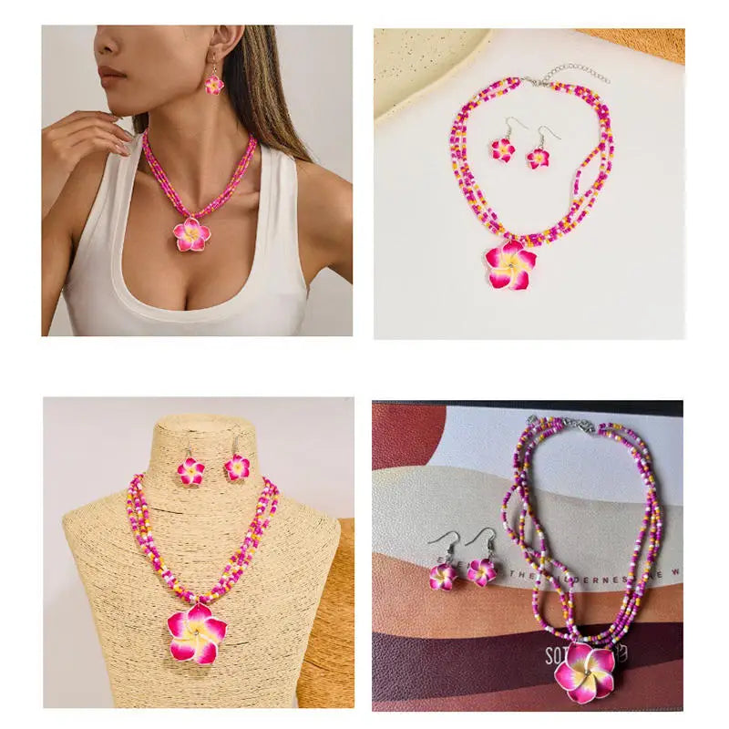 Egg Flower Earrings Necklaces Set Pendant Bohemia Flower Necklaces Earrings Drop Earrings Choker Vacation Style Jewelry Girl