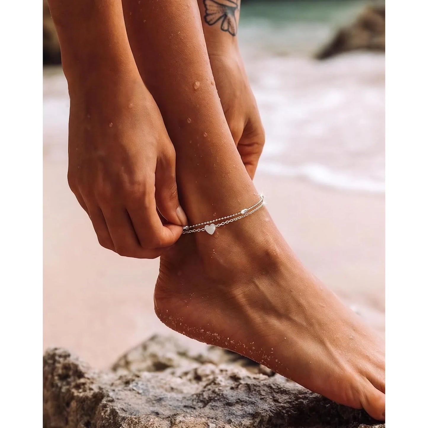 Bobisty Ankle Bracelets for Women Silver Buckle Waterproof Dainty Anklets Adjustable Layered Heart  Anklets Summer Jewelry Gift