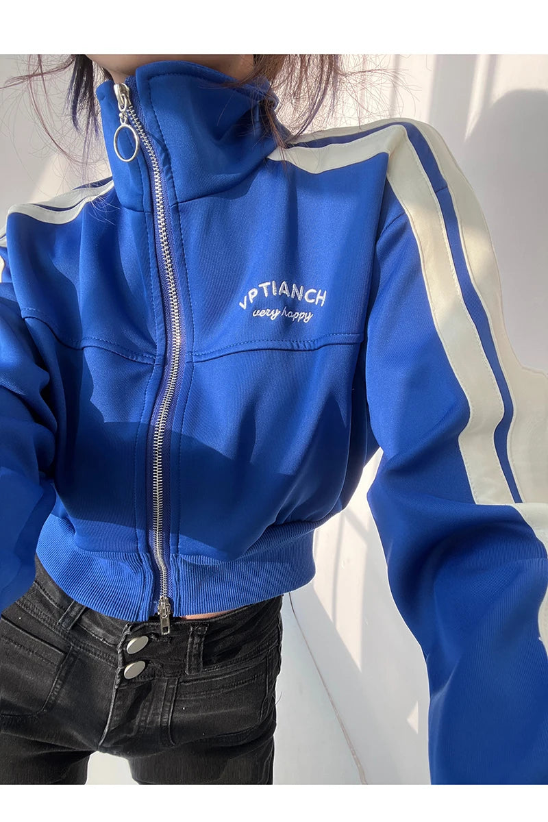 [YOZOU] Spring Double Zipper Baseball Cropped Jacket Women Outerwear Embroidered Striped Green Black White Blue Zip Up Coat