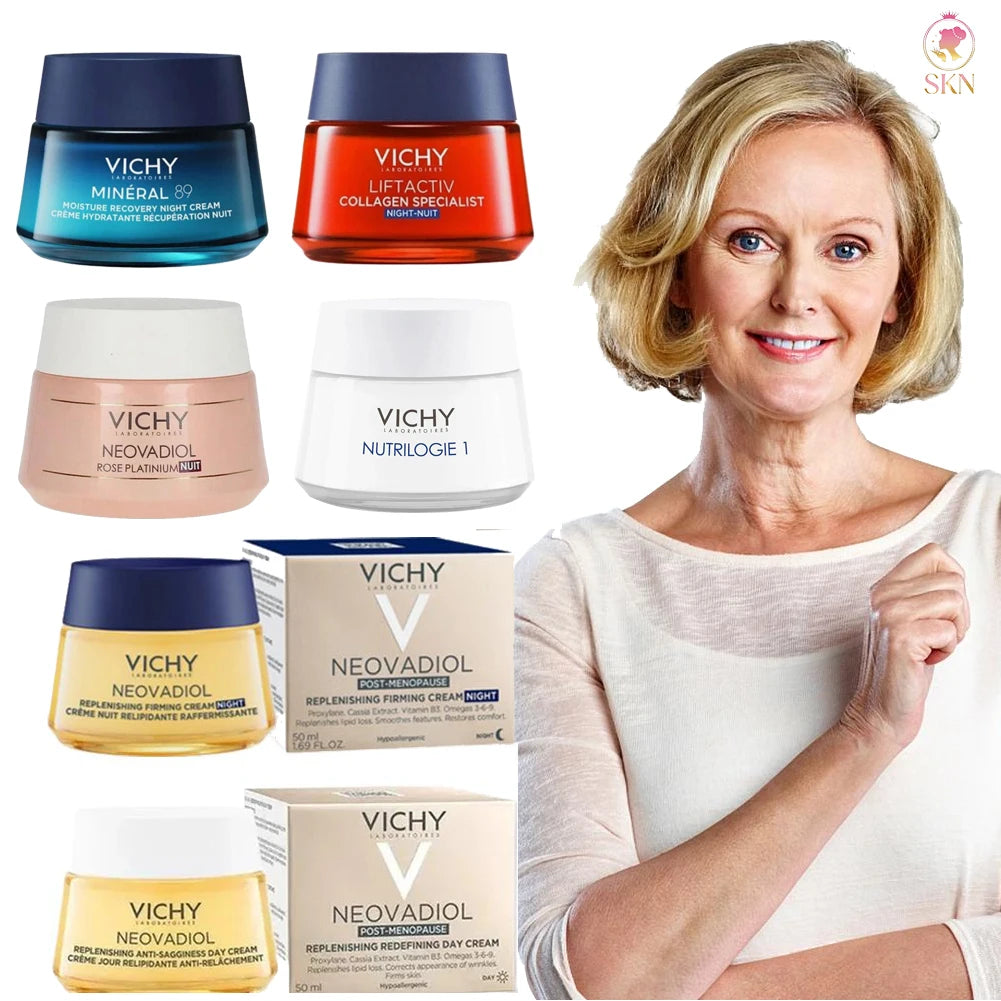Vichy Collagen Night Cream  Day Cream Dryness Relief Brighten Skin Tone Moisturizes Fades Dark Spots Wrinkles Improves Skin Car
