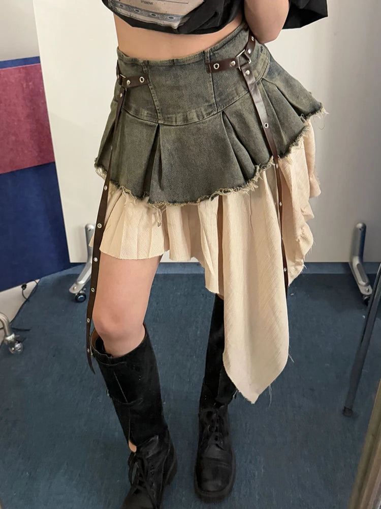 EAM Color-block Irregular Spliced High Elastic Waist A-line Mini Denim Skirt Women Fashion Tide New Spring Autumn 2026 30A3307