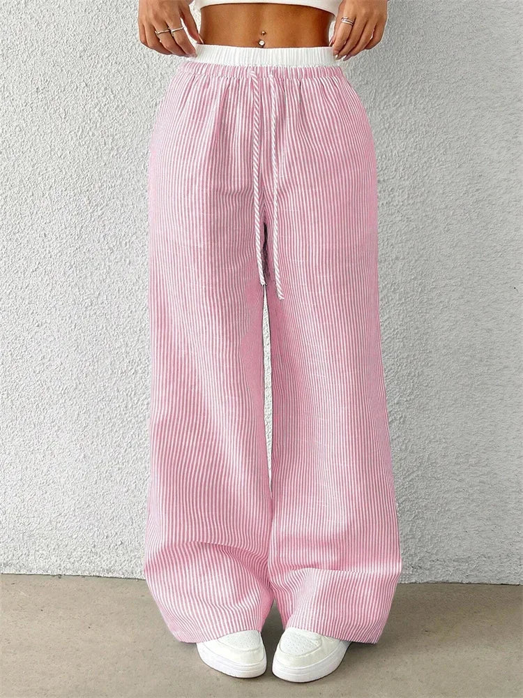 Casual Striped Woven Wide Leg Pants for Women Autumn Winter Casual Stylish Full Length Trousers Y2K Clothes Streetwear