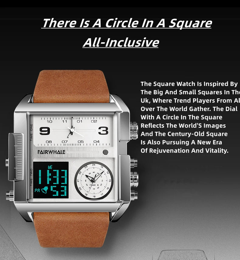 Mark Fairwhale 4270 Retro Square Men's Electronic Digital Dual Display Waterproof Night Light Leisure Men's Clock reloj hombre