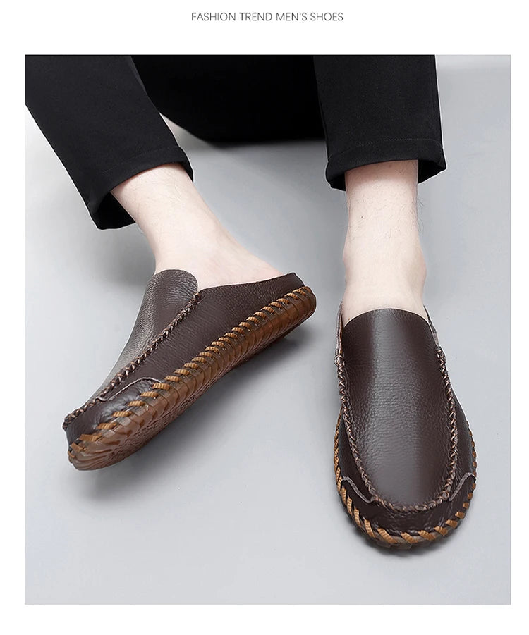 Plus Size 38-48 Handmade Mules Mens Backless Loafers Slippers Half Shoes For Men Slide Closed Toe Sandals Semi-Drag Casual Shoes