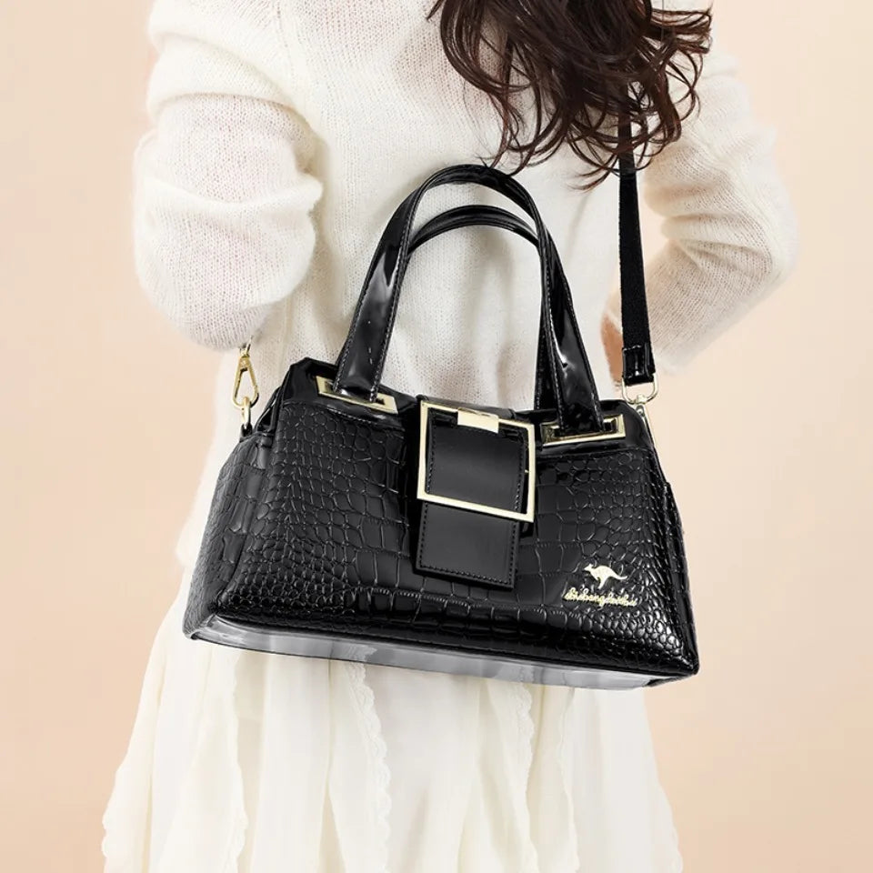 Fashion Elegant Madam Handbag Crocodile Pattern with Lattice Luxury Women Shoulder Tote Bag Two Layers Ladies Bag Big Belt Sac