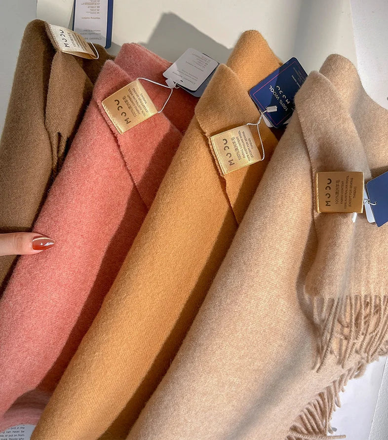 Fashion 100% Wool Scarf Soft Solid Color Scarf for Women Versatile Warm Winter Scarf Thicken Knitted Shawl Simple Tassel Scarves