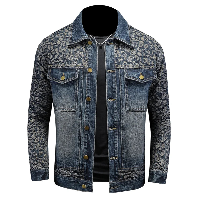 High Quality Jacquard Spliced Denim Jacket for Men Casual Business Social Denim Social Streetwear Jacket Outwear Coat 2025