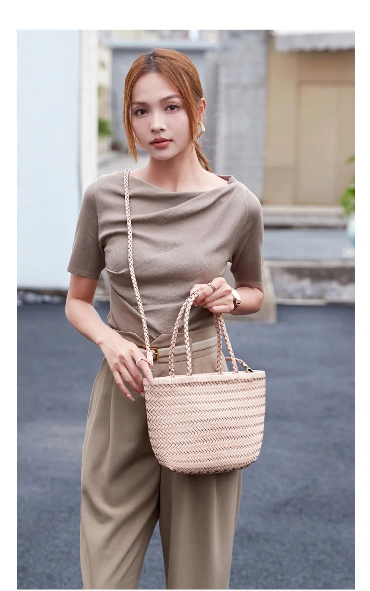 2026 spring new braid bag French basket bag Vintage Boho Gypsy Aztec Ibiza Genuine Leather Messenger Bag  female ins style
