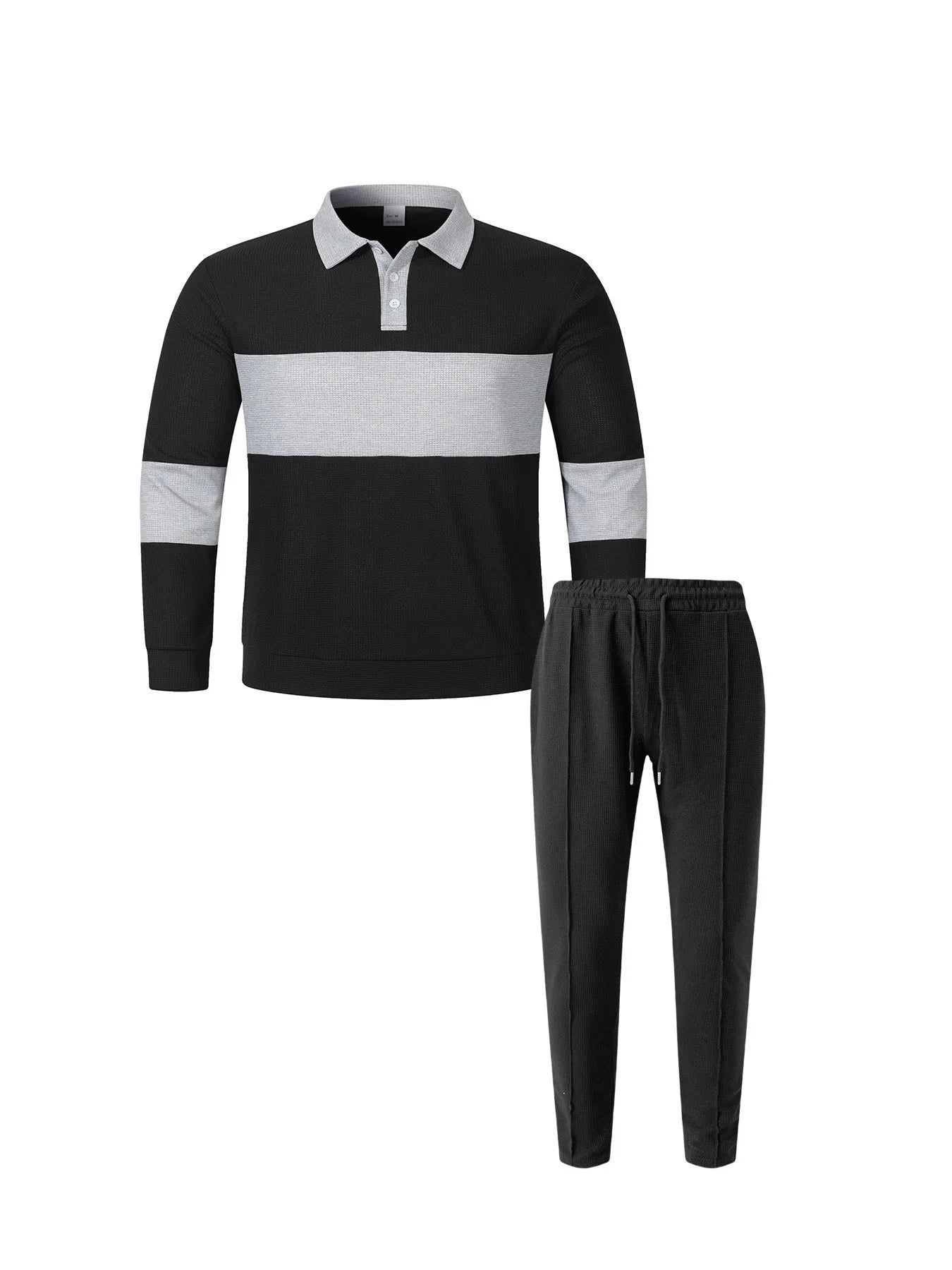 Men's Fashion 2-Piece Outfit Waffle Knit Polo Neck Top & Straight Leg Pants Set Casual Sporty Color Block Tracksuit