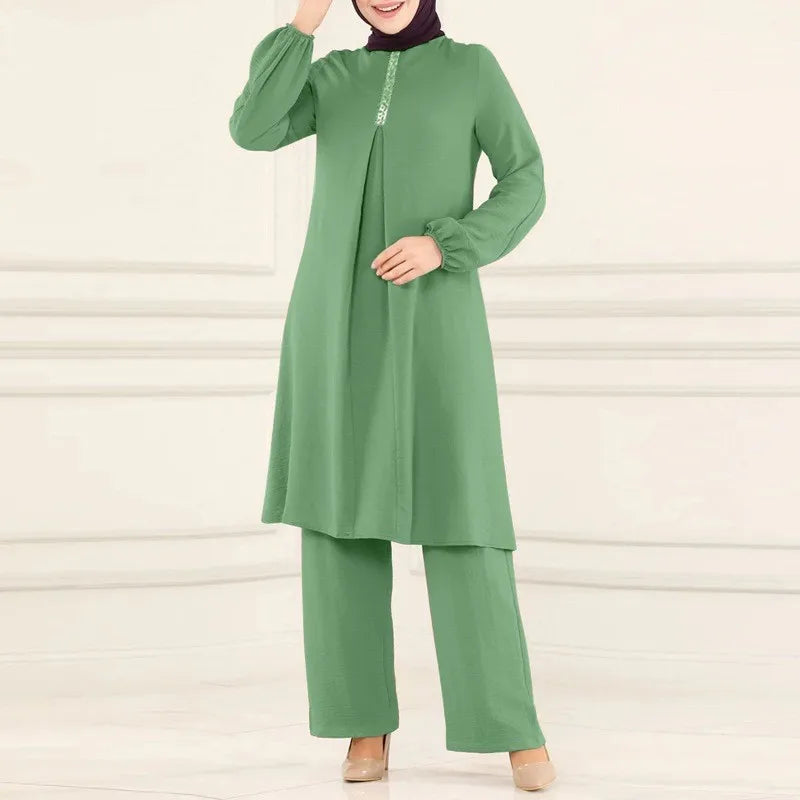 Islamic Fashion Clothing Suits for Women Spring Autumn Solid Color Elegant Abaya Long-sleeved Shirt Loose Wide-leg Pant Muslim