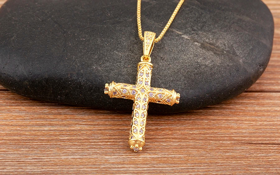 Nidin New Arrival Retro Column Shape Cross Pendant Necklace For Female Male Irregular Geometric Shine Zircon Jewelry Accessories