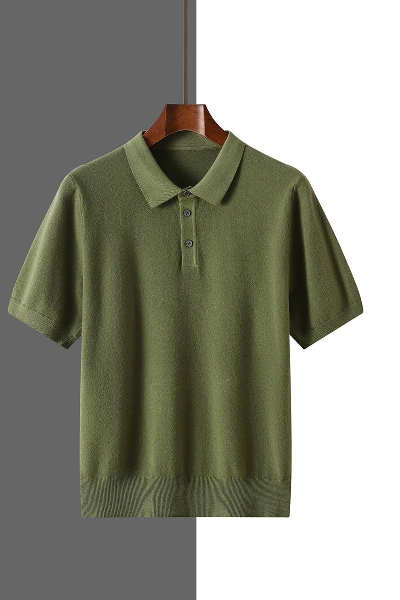 2025 Classic Polo Neck T-Shirt Pullover Men Knitwear Wool Lyocell Blend Sweater Short Sleeved Cool High-Quality Clothing Tops