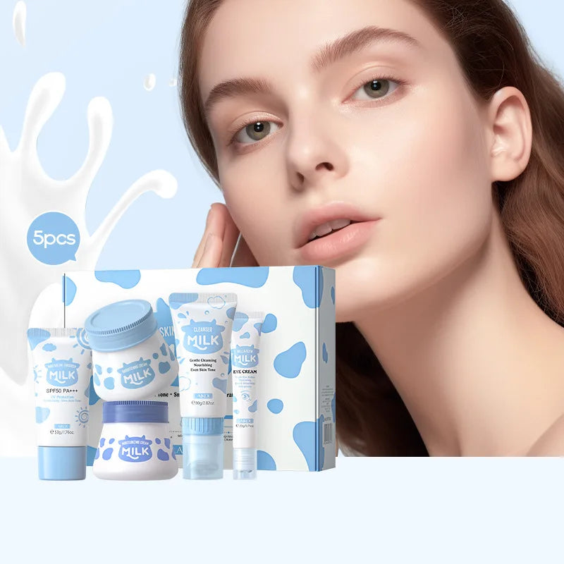 5pcs/box LAIKOU Milk Skin Care Sets Sunscreen Facial Cleanser Face Moisturizing Creams Eye Cream Repairing Smoothing Face Care
