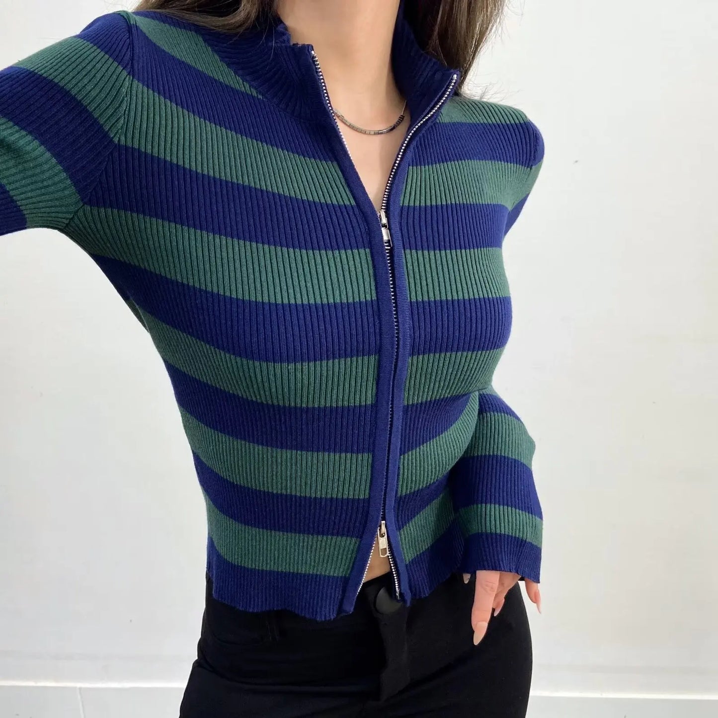 Slim Fit American Style Knitted Cardigan Women's Double Zipper Open Front Pure Desire Autumn Fashion Outerwear BM Style