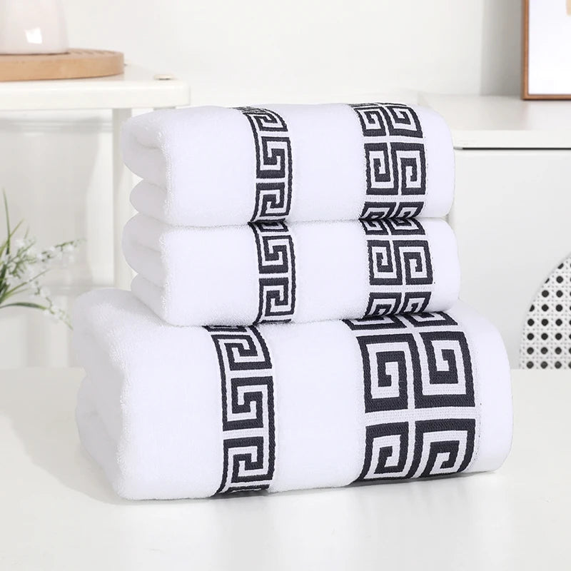 3pcs Set Cotton Towel 2pcs Hand Towel 34x74cm and 1pcs Big Bath Towel 70x140cm Blue White Brown Geometric Embroidered Gift Towel