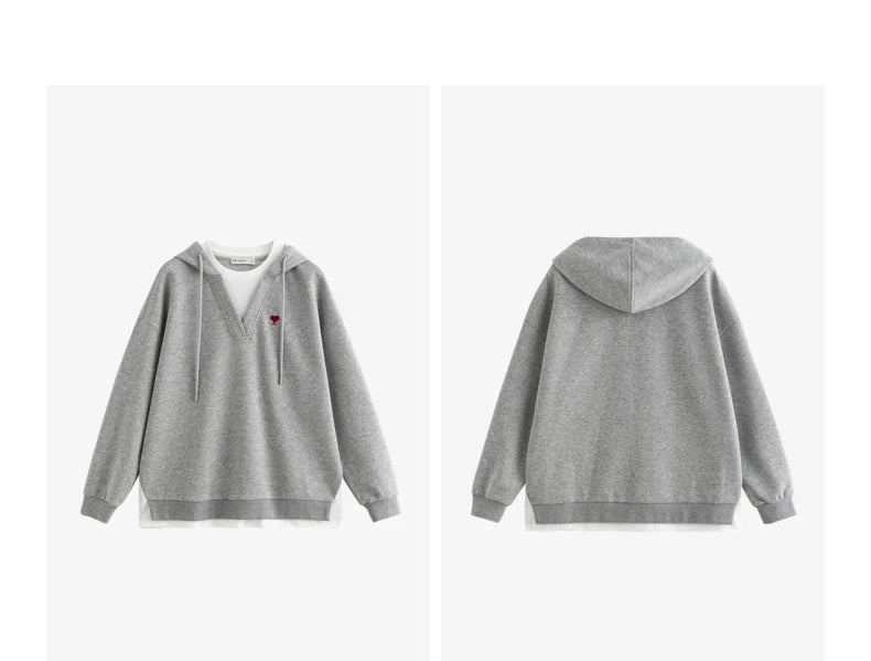 TOYOUTH Women Hoodies Sweatshirt 2024 Autumn New Heart Patter Embroidery Fake Two Piece Hooded Pullover Tops