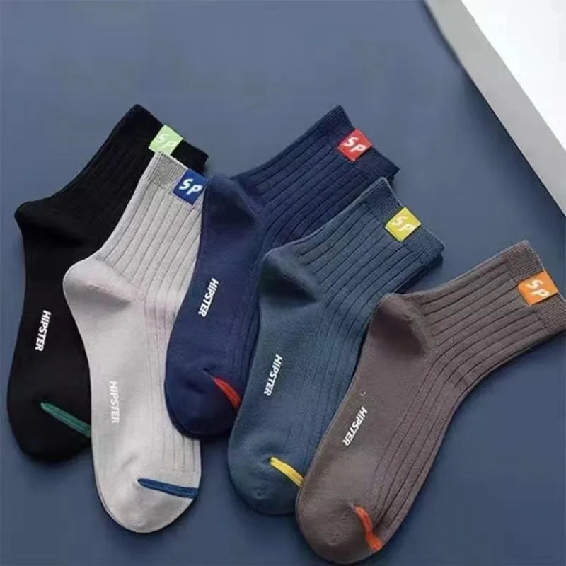 5 Pairs Cotton Men's Socks Breathable Casual Sock Solid Color Striped Spring Summer Thin Sweat-absorbing Sports Tube Man Socks