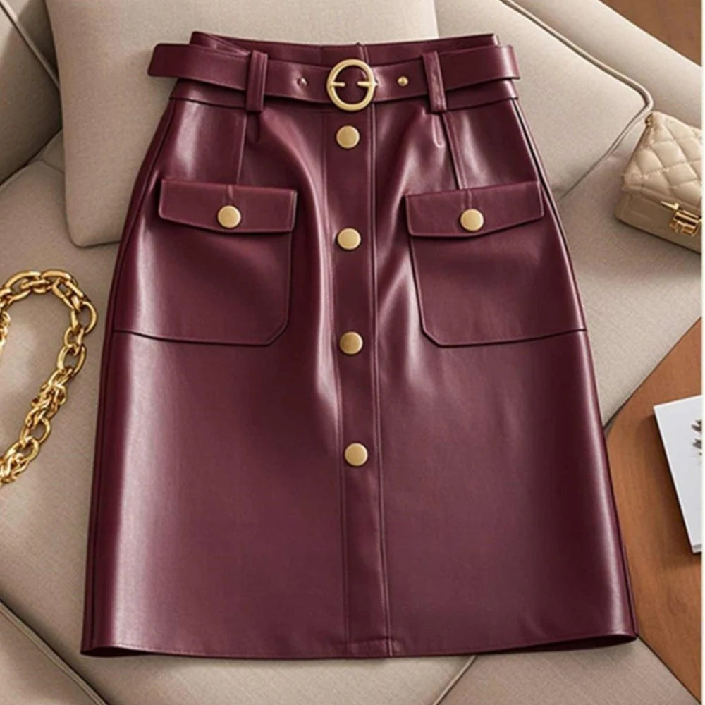 2024 autumn new high-end and super good-looking A-line skirt, fashionable and high-end wine red leather  black skirt