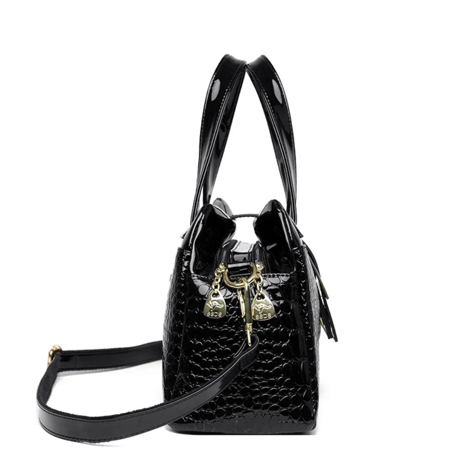 Fashion Elegant Madam Handbag Crocodile Pattern with Lattice Luxury Women Shoulder Tote Bag Two Layers Ladies Bag Big Belt Sac