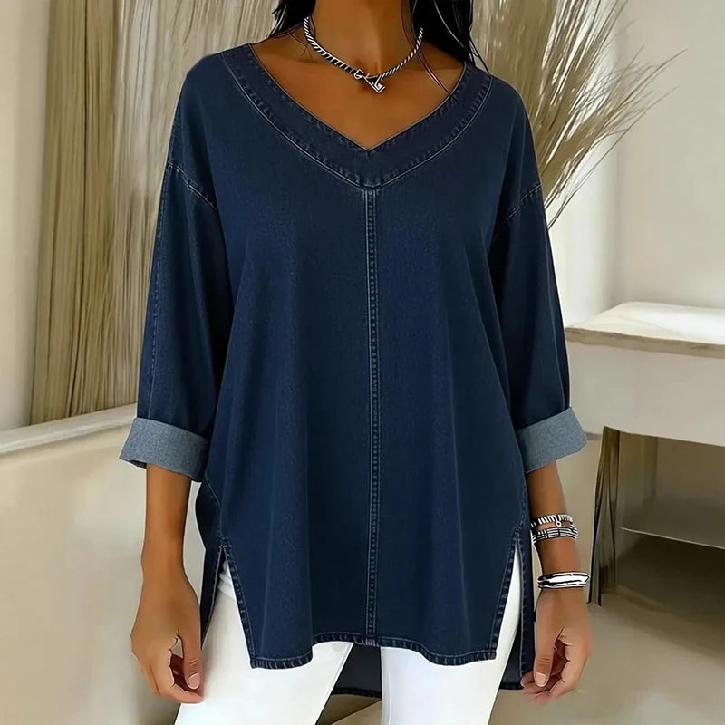 Fashion Denim Shirt Women Spring Autumn V Neck Long Sleeve T-Shirts Women Casual Loose Tee Pullover Tops Female Oversized Shirt