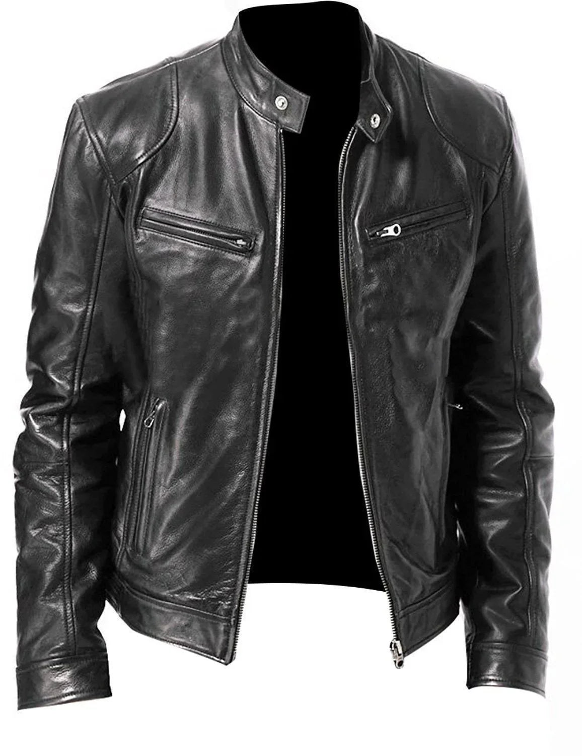 2024 Fashion Mens Leather Jacket Slim Fit Stand Collar PU Jacket Male Anti-wind Motorcycle Lapel Diagonal Zipper Jackets Spring