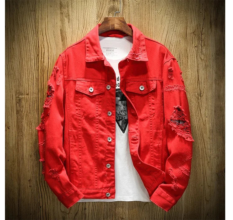 S-3XL Fashion Denim Jacket Men Ripped Holes Mens Pink black Jean Jackets Garment Washed Mens Denim Coat