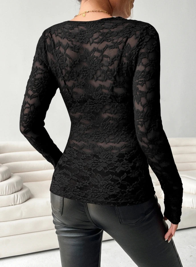 Top Women 2025 Spring New Sexy Perspective Embroidery Lace V-Neck Solid Color Long Sleeved Casual Slim Fit Daily Top