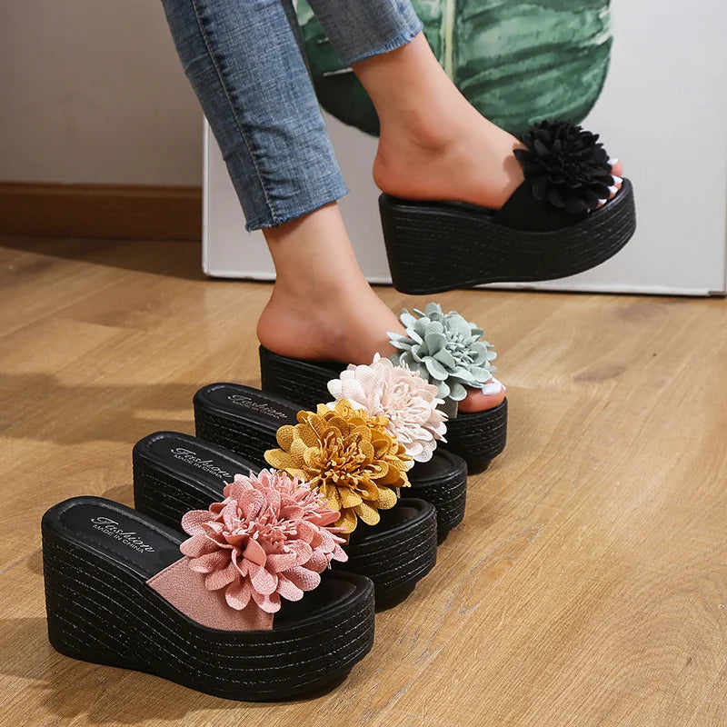 2025 Wedges Sandals Women Slippers Summer Beach Platform Shoes Flower Slippers Women High Heel Slippers Women Fashion