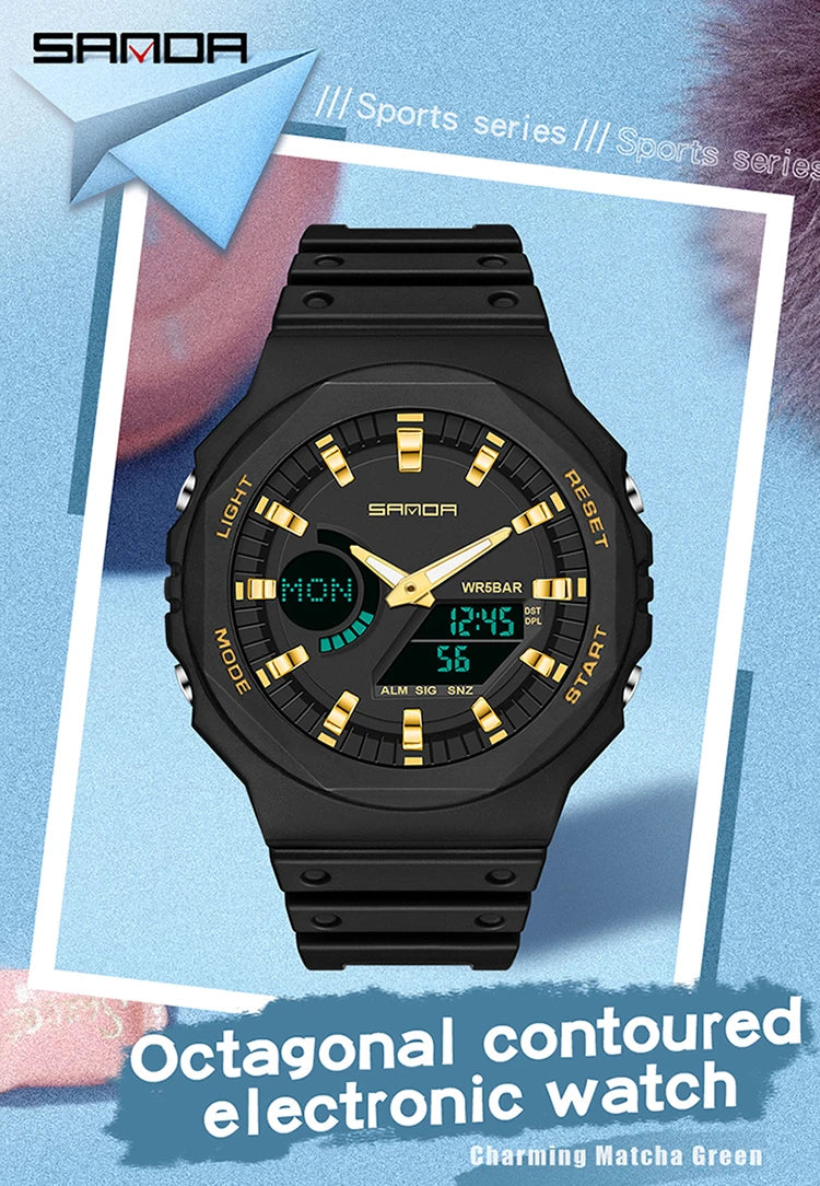 SANDA Top Luxury Men's Quartz Watches Waterproof Men Military Sport Watch Relogio Masculino Dual Display LED Digital Wristwatch