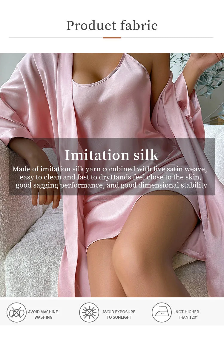 Silk Satin Women Nightgown Set Sleeveless Sling Dress & Long Sleeves Waist Belt Robe 2 Pieces Female Sleepwear Autumn Nightwear
