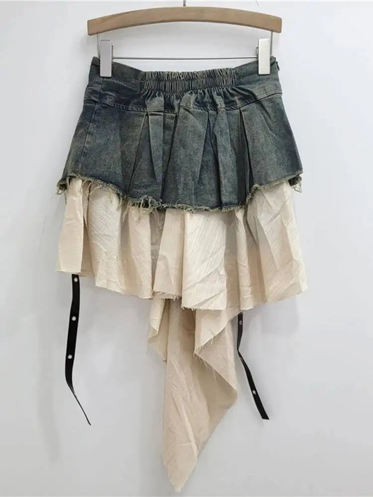 EAM Color-block Irregular Spliced High Elastic Waist A-line Mini Denim Skirt Women Fashion Tide New Spring Autumn 2026 30A3307