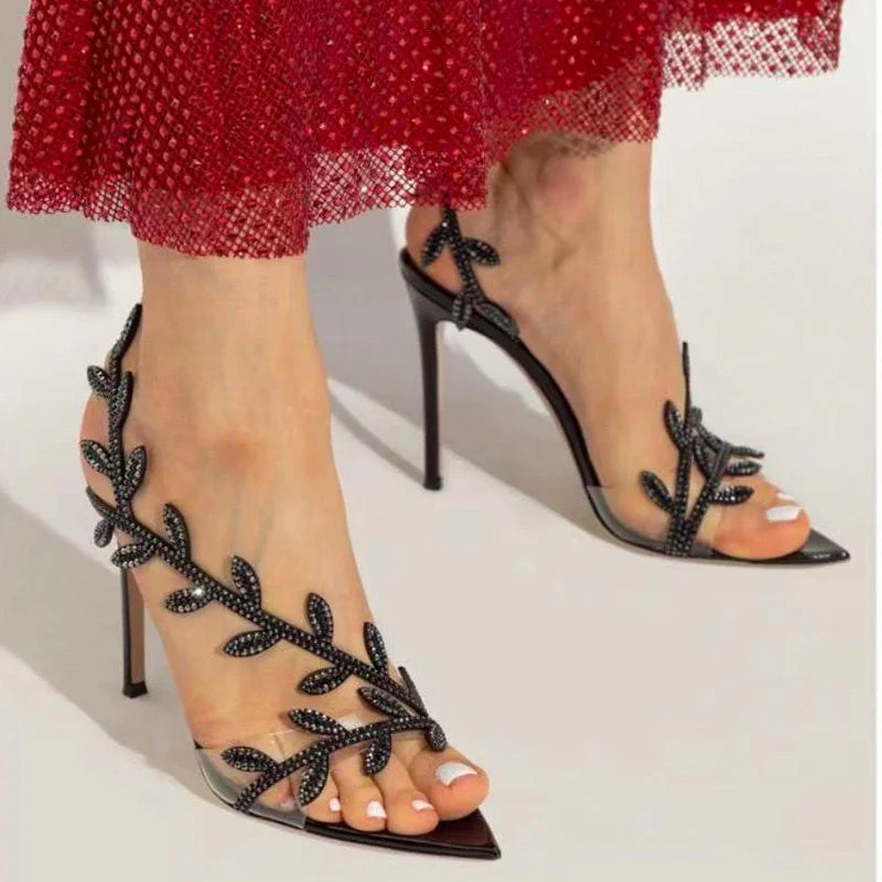 European American Pointed-Toed Rhinestone Leaves Thin Heel Sandals 2025 Spring And Autumn New Style Fashionable Elegant Party