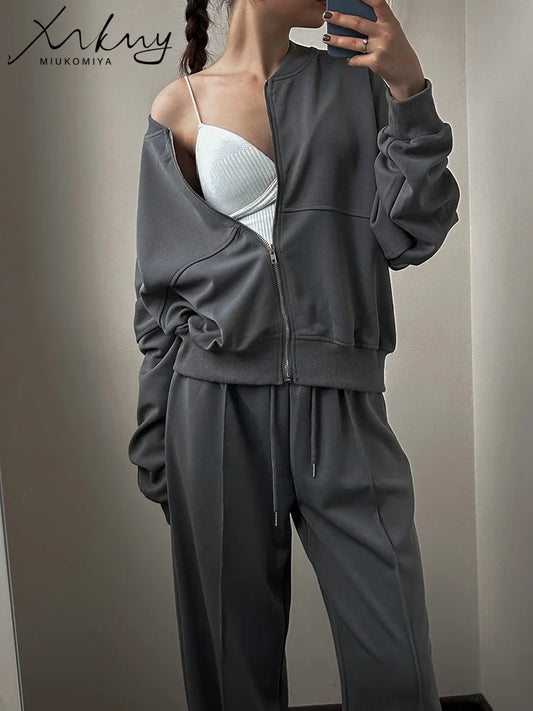 Gray Straight Pants Two Pieces Sets Women Outfit Long Sweatpants Street Wear Zipper Jacket Track Suits Sweatshirt Sets For Women