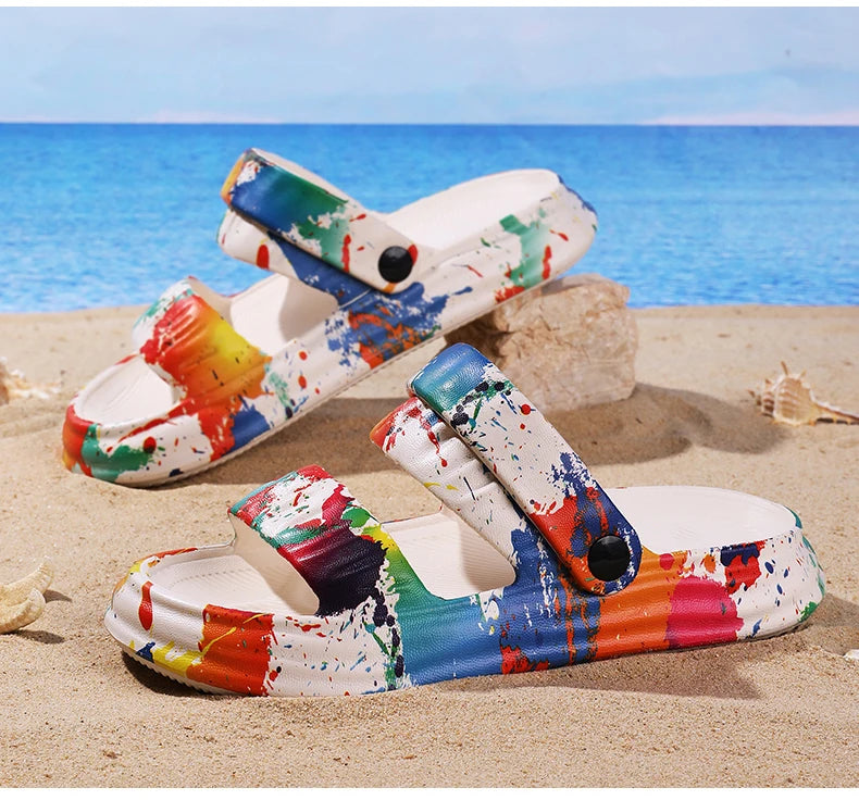 2024 New Thick-soled EVA Cave Shoes Women's Summer Wear Non-slip Beach Soft-soled Semi-Slippers Fashion Printed Sandals