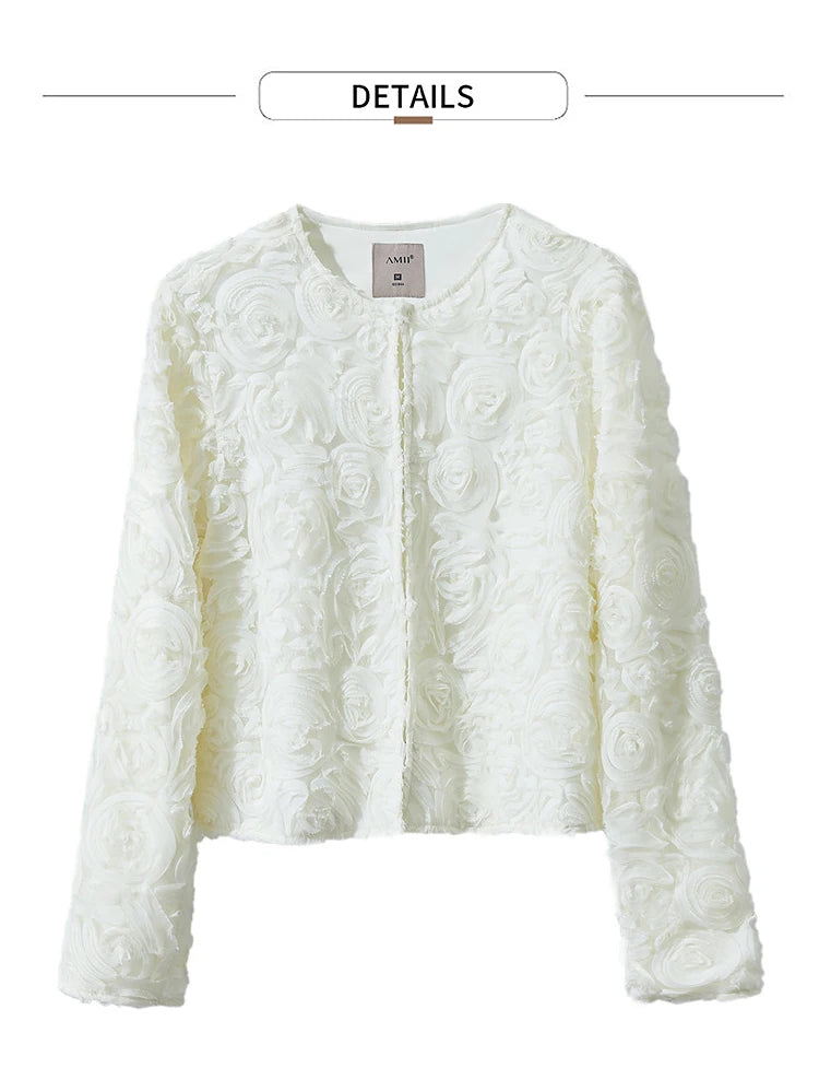 AMII Minimalism Short Jacket Women 2025 Autumn New Elegant Romantic Stereoscopic Flower O-Neck Hook Button Outwear Coat 12521066