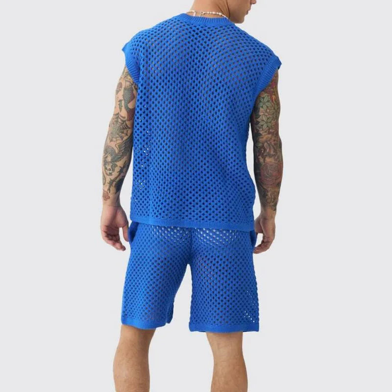 New Men's Summer Casual Knit V Neck Two-piece Sets Fashion Solid Loose Tank Tops and Shorts Sport Suit Men Hollow Out Streetwear