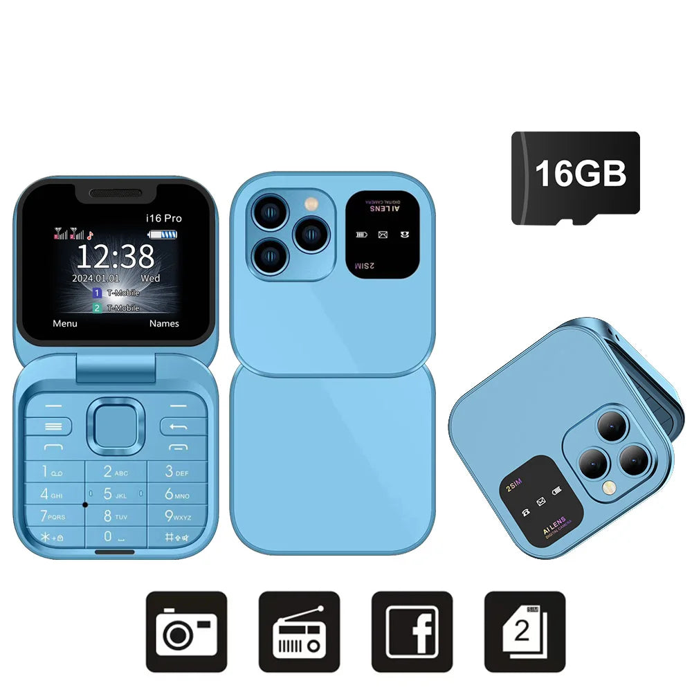 SERVO i16 Pro Mini Flip Mobile Phone Dual SIM Card Speed Dial Magic Voice Blacklist FM Radio 2G GSM Cute Foldable Cellular Phone