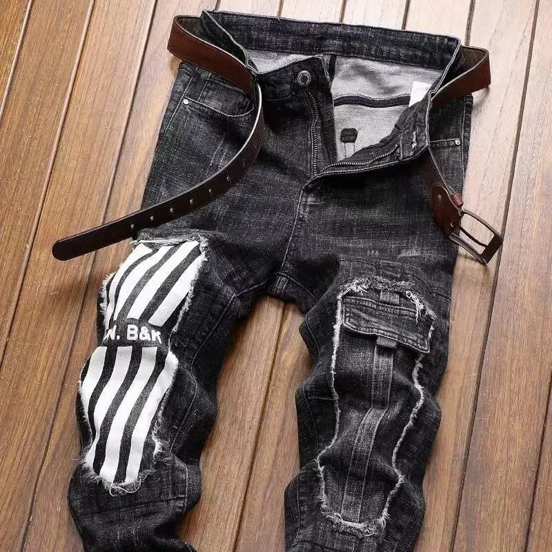 New Spring Autumn Wash Denim Korean Style Blue Designer Cowboy Cycling Motorcycle Splice Vintage Cargo Strech Pant Jean Trousers