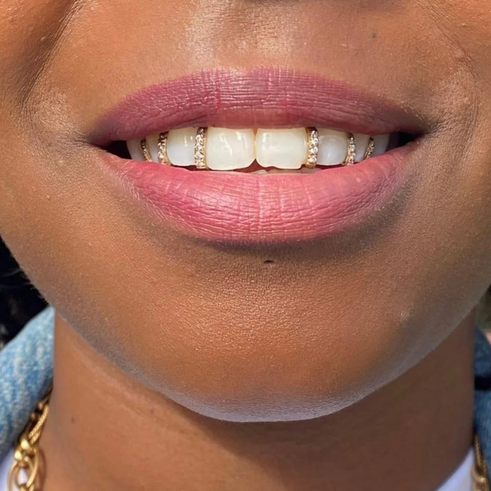 RACHELZ Fashion CZ Stone Vertical Bar Teeth Grillz Braces Hip Hop 4 Zircon Tooth Caps Dental Grills For Women Men Jewelry