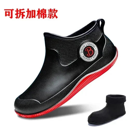 Fashion Rain Boots Men's Short Delivery Riders Galoshes Plus Cotton Waterproof Winter Shoes