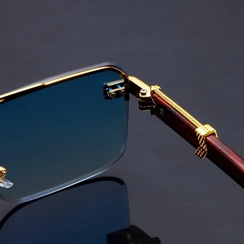 Women's Frameless Double Beam Fashion Sunglasses Golden Border Wood Grain Bracket for Male and Female Drivers Black Eyeglasses