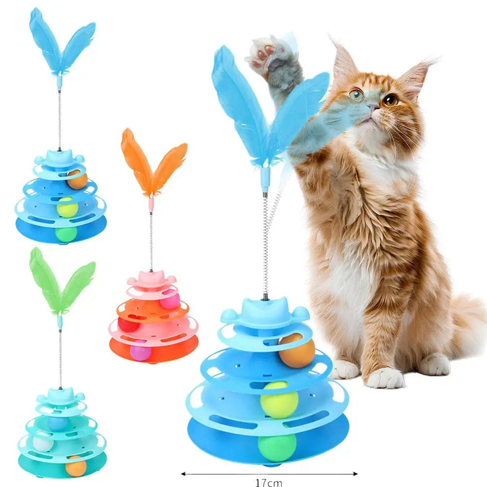Pattern Feather Cat Toy, Three-layer Rotating Tower with Ball, Indoor Cat Interactive Fun&Christmas, New Year Pet Toys
