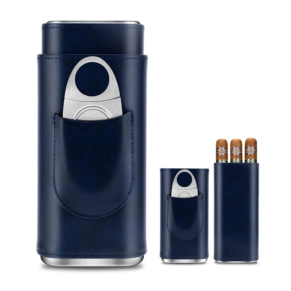 3-pack Cigar Case Luxury Portable Leather Holder Box Storage with Stainless Steel Sharp Cigar Cutter Smoking Accessories CH-24FA