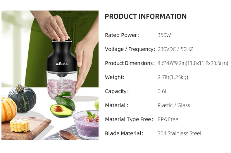 Wancle 0.6L Household Meat Grinder Food Processor Stainless Steel Blade 350W High Power Vegetable Fruit Chopper Kitchen Grinder