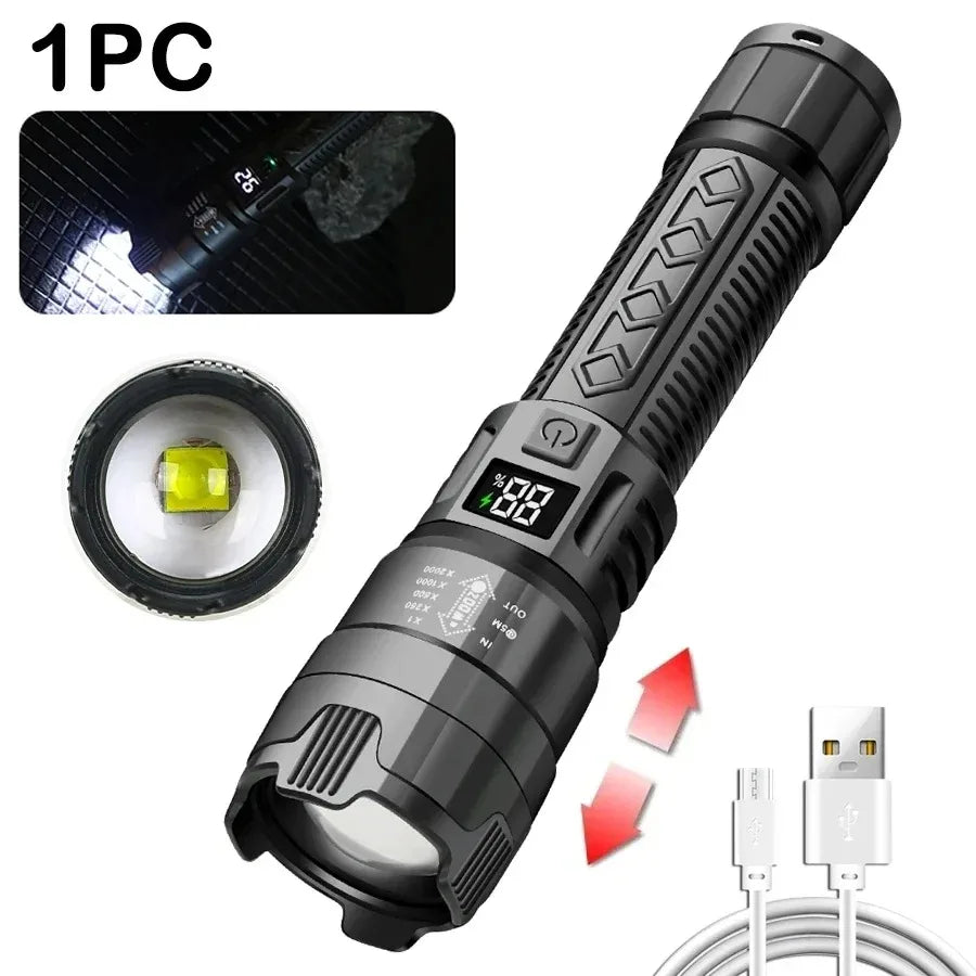Strong Light Ultra Bright 2000LM LED Flashlight USB Rechargeable Long Range Zoom Tactical Torch Outdoor Camping Fishing Lantern
