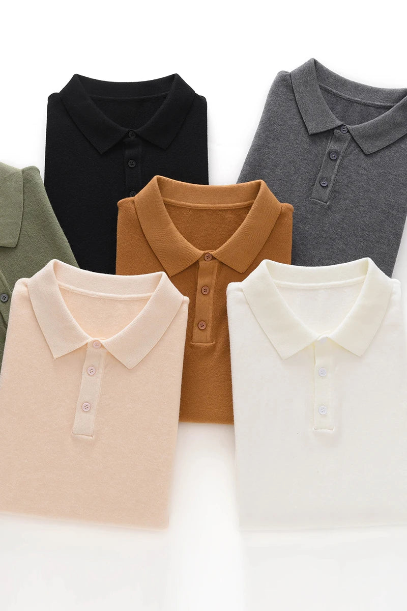 2025 Classic Polo Neck T-Shirt Pullover Men Knitwear Wool Lyocell Blend Sweater Short Sleeved Cool High-Quality Clothing Tops